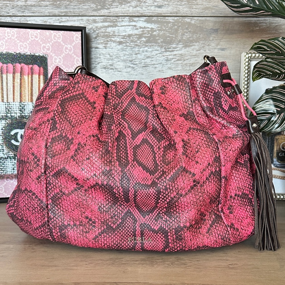 Furla Pink Python-Print Leather Hobo Bag